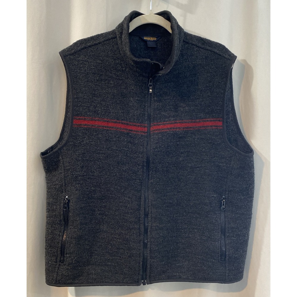 Woolrich Vest Men L Boiled Wool Full Zip Grey Red Stripe Outdoors Hiking Pockets